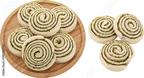 Spiral pastry rolls with herb filling on wooden plate, savory baked snacks, homemade appetizer food, detailed vector illustration