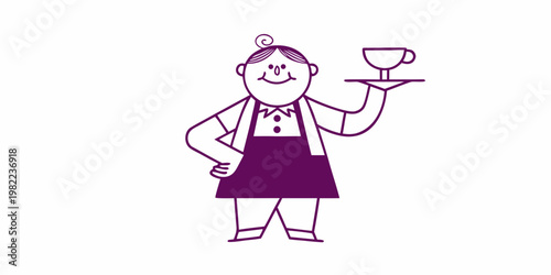 A simple illustration of a waitress holding a teacup on a tray