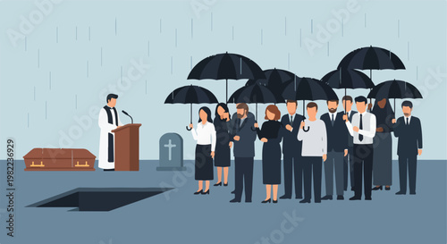 Detailed vector illustration of a funeral with a priest and mourners in the rain