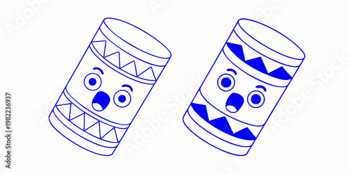 Two cartoon bongo drums with surprised faces in a blue outline