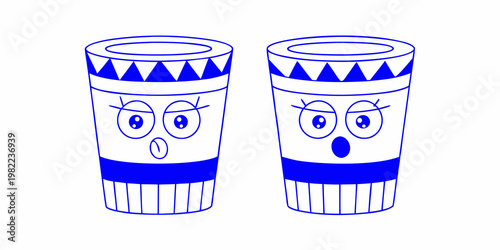 Two cartoonish blue drums with faces and patterned designs are shown