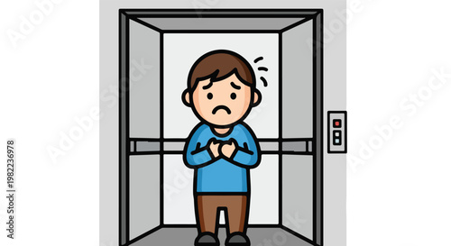 Cartoon of a worried boy standing alone in an elevator looking scared and uneasy
