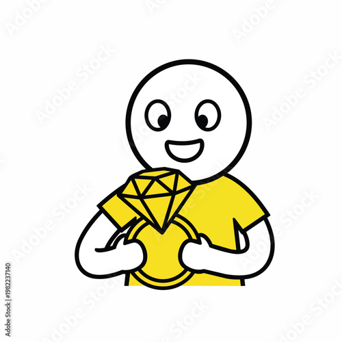 Happy cartoon person holding sparkling diamond ring with excitement and joy, love and engagement symbol.