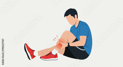 Male athlete sitting on ground holding painful injured leg below knee vector art
