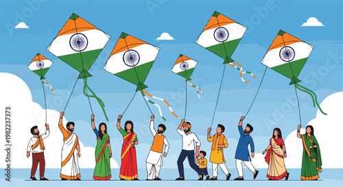 Diverse Indian people in traditional wear flying tricolor kites under a blue sky