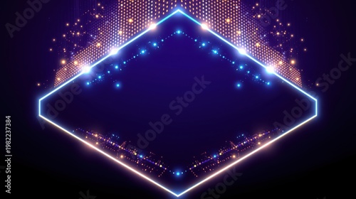 Bright rhombus frame glows against dark background. Golden sparkles accent corners, creating futuristic effect. Center space ideal for text.