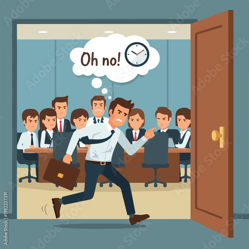 Stressed employee running late into an important meeting with angry coworkers