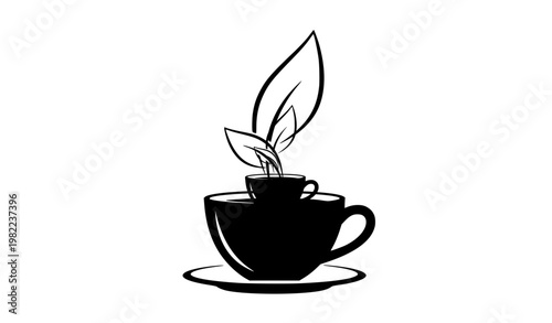 Black and White Tea Cup Concept Vector with Steam Forming Leaf Symbol Minimal Design