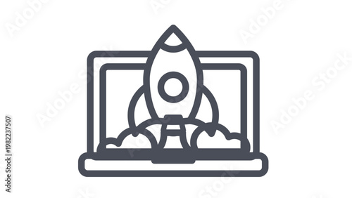 Minimalist black vector icon illustration of a rocket ship launching from a laptop screen, representing a business startup, digital project launch, innovation, speed, and rapid growth in technology.