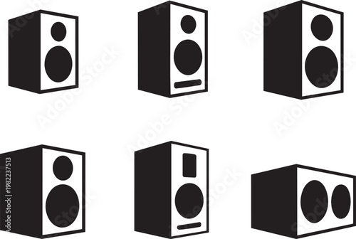 Black and white speaker icons, audio equipment symbols, sound system illustrations, music speaker graphics