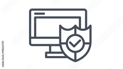 Computer security and data protection vector icon featuring a desktop monitor with a protective shield and checkmark symbol, representing antivirus software, firewall, and safe browsing.