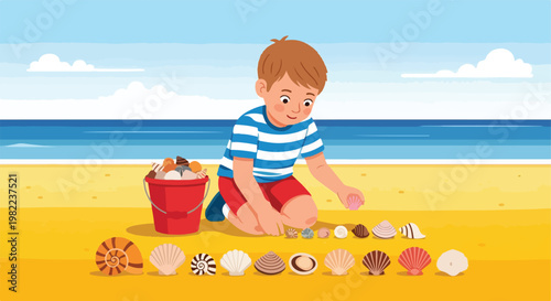 Young child collecting and organizing colorful seashells on a sunny summer beach