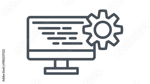 Software development and system configuration vector icon illustration featuring a computer monitor with code lines and a gear symbol, representing programming, web design, and automation.