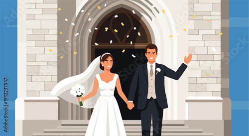 Newlywed couple holding hands and waving while exiting a church under confetti