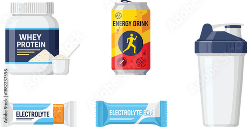 Sports Nutrition Supplements Set with Whey Protein Jar Energy Drink Can Electrolyte Bars and Shaker Bottle Fitness Collection