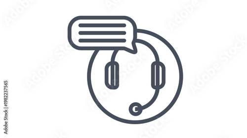 Customer support vector icon featuring a headset with a microphone and a speech bubble, minimalist black line art illustration for call center, help desk, and communication service concepts.