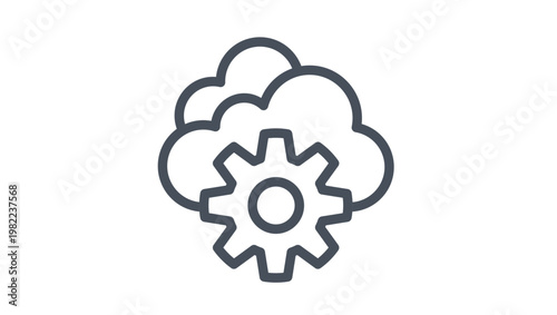 Cloud computing settings vector icon illustration featuring a gear symbol in front of overlapping clouds, representing data management, network services, and digital technology infrastructure.