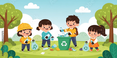 Kids Recycling Illustration with Children Collecting Plastic Waste in Park Environment for Eco Friendly Education Sustainability Awareness and Clean Earth Concept