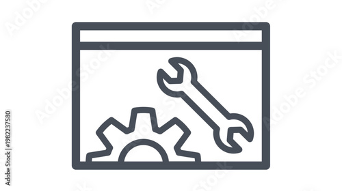 Vector icon illustration of a browser window containing a gear and wrench, symbolizing website maintenance, software development, technical support, system configuration, and web optimization.