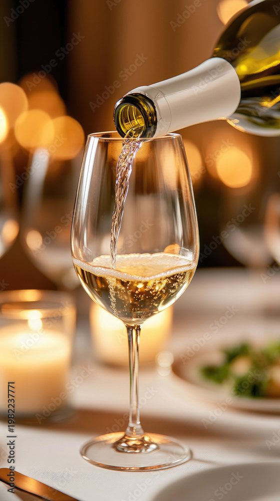 Fototapeta premium White wine pouring from a bottle into a crystal glass, liquid splashing, creating foam during a golden hour sunset, celebrating elegance, relaxation, and an outdoor evening experience