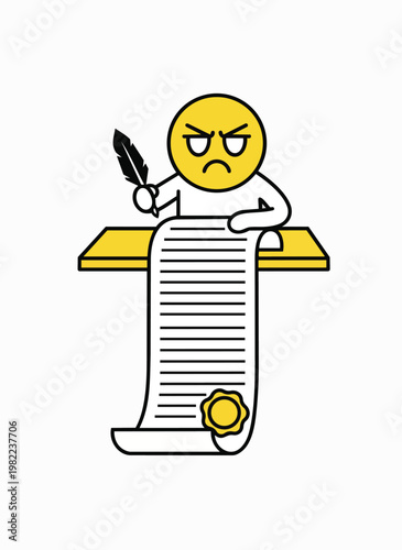 Frustrated character signing a long document with quill pen on desk symbolising bureaucracy or difficult paperwork.