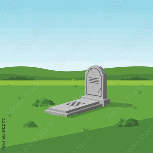 Illustration of a cracked grey headstone in a grassy field with rolling hills