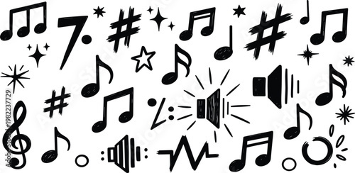 Music Doodle Icon Set with Hand Drawn Notes Symbols Sound Waves and Audio Elements for Creative Design Poster and Entertainment Background