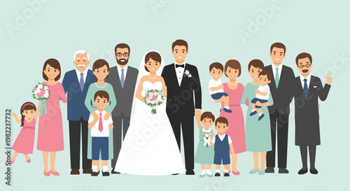 Happy family group posing at a wedding celebration in flat vector illustration