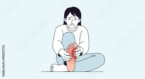 Woman sitting on floor holding pained foot with red spot in simple line drawing