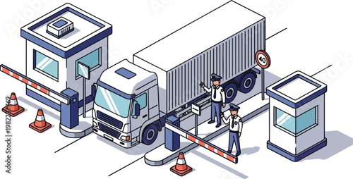Isometric Border Checkpoint Illustration with Cargo Truck, Security Officers, and Toll Booth Gate for Logistics and International Trade