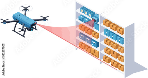 Isometric Illustration of an Automated Warehouse Drone Scanning Inventory and Packages on Shelves