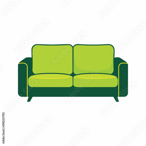 Green sofa with yellow accents and cushions isolated on white background for interior design concept.