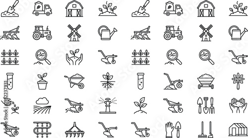 Agriculture and Farming Icon Set with Tractor, Windmill, Planting, Watering, Testing, and Harvesting Symbols for Websites, Apps, and Digital Media Designs