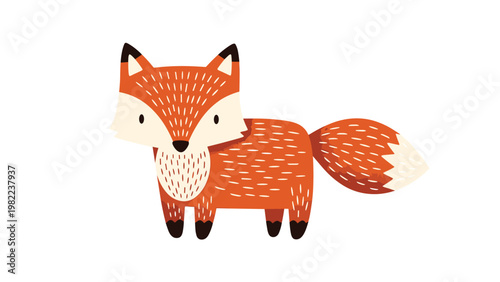 Adorable red fox illustration with white fur details and black paws isolated on a clean white background for children books.