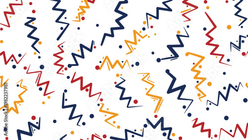 Vibrant pattern featuring colorful zigzag lines and dots in blue red and yellow scattered across a white background for textiles.