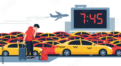 Stressed man with luggage stuck in a sea of taxis as his plane leaves at 745 am