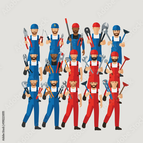 Group of pro workers wearing red and blue overalls holding various manual tools