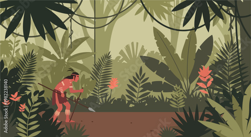 Indigenous hunter with spear walking through a dense tropical jungle vector art