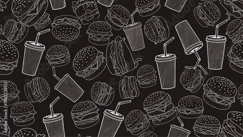 Chalkboard style seamless pattern featuring detailed sketches of hamburgers and soda cups with straws on a black background for cafes.
