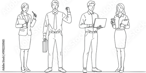 Successful business professionals and office employees in confident poses including celebratory gesture leadership and laptop work in minimalist line art vector.