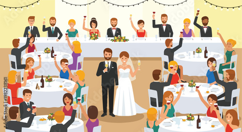 Joyful bride and groom celebrate at a wedding banquet with guests raising toasts