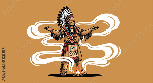 Native American chief in tribal attire stands over a campfire with smoke swirls