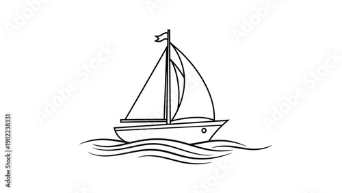 Simple line drawing of a sailboat with a small flag gliding over wavy water isolated on a white background for nautical themes.