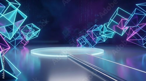 Abstract Neon Cubes in Futuristic Background with Glowing Circle and Digital Elements
