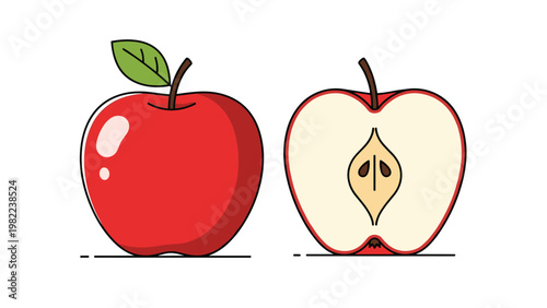Simple illustration of a whole red apple next to a half apple with visible seeds and a green leaf on white background for health.
