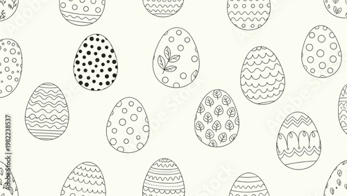 Minimalist seamless pattern featuring hand drawn Easter eggs with various black and white patterns on a cream background for fabrics.
