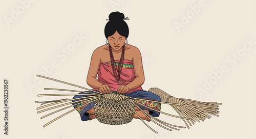 Indigenous woman in traditional dress sits cross-legged weaving a bamboo basket