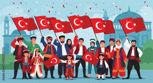 Crowd in traditional outfits waving many Turkish flags against a mosque backdrop