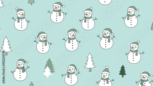 Charming seamless pattern of cute snowmen with green hats and scarves among pine trees on a light blue background for winter decor.
