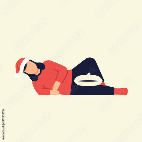 A woman in a Santa hat and red sweater lying down with a white speech bubble